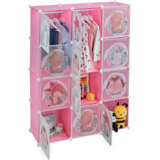 Relaxdays Children's Shelving Unit 2 Clothes Rails Doors with Animal Children H x W x D: 145 x 110 x 37 cm DIY Children's Wardrobe Pink