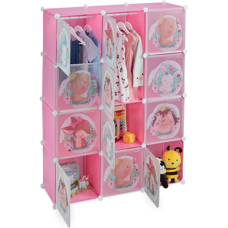 Relaxdays Children's Shelving Unit 2 Clothes Rails Doors with Animal Children H x W x D: 145 x 110 x 37 cm DIY Children's Wardrobe Pink