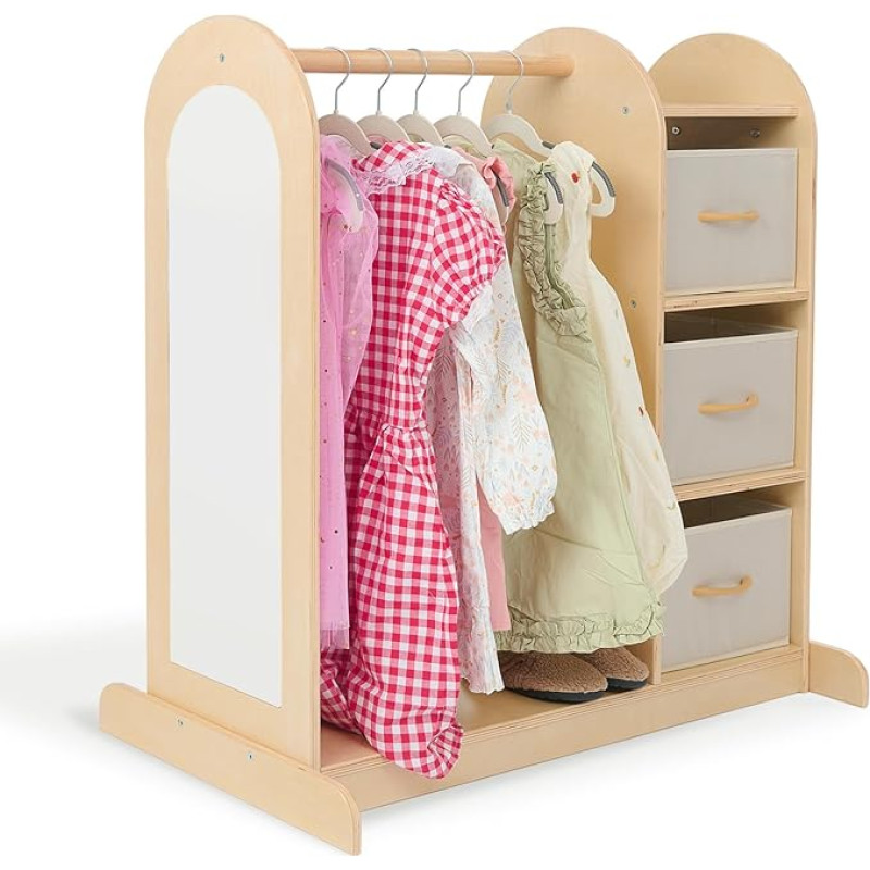 Monläurd® 100% Birch Children's Cabinet with Mirror - Montessori Children's Wardrobe & Wardrobe for Costumes & Clothing, Toddler Furniture, Nursery & Daycare Essentials