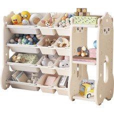Wooru Children's Toy Rack with Rounded Corners, Toy Organiser with 4 Shelves, Bookcase for Children, Storage of Books & Toys in the Children's Room, Multifunctional Shelf, Beige