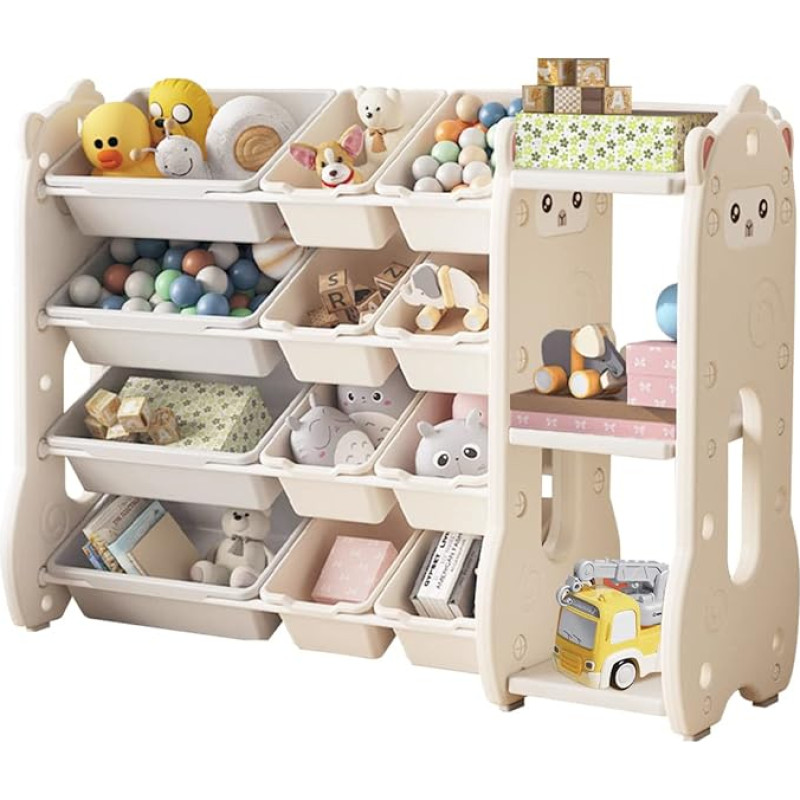 Wooru Children's Toy Rack with Rounded Corners, Toy Organiser with 4 Shelves, Bookcase for Children, Storage of Books & Toys in the Children's Room, Multifunctional Shelf, Beige