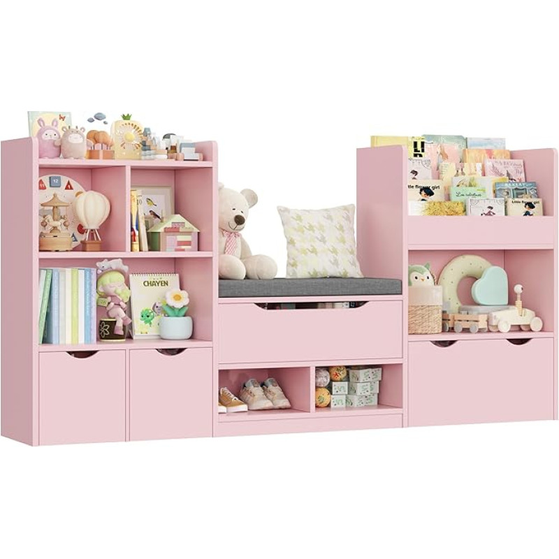 FOREHILL 183 cm Wide Children's Shelf with Bench, Children's Room Furniture with 3 Storage Boxes for Toys, Bookcase for Children with 3 Levels, Shelf for Children's Room, Reading Corner 183.5 x 94.5 x