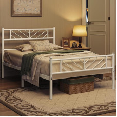 Yaheetech Metal Bed 90 x 190 cm Minimalist Bed Frame with Headboard Guest Bed with Slatted Frame for Bedroom Guest Room 32 cm Height Under Bed White