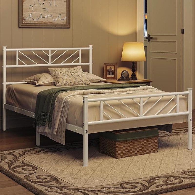 Yaheetech Metal Bed 90 x 190 cm Minimalist Bed Frame with Headboard Guest Bed with Slatted Frame for Bedroom Guest Room 32 cm Height Under Bed White