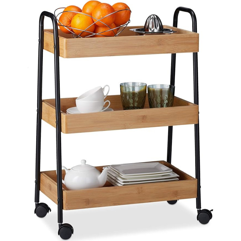 Relaxdays Bamboo Serving Trolley, 3 Shelves, 360° Rotating Wheels, with Handles, Steel Frame, HBT 70 x 49 x 28 cm, Natural/Black
