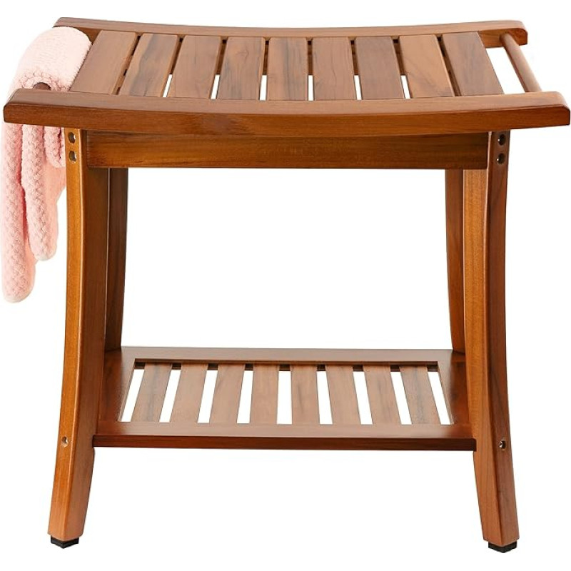 Utoplike Teak Shower Bench with Carry Handles, Portable Wooden Spa Bath Stool with Towel Rail, 22 x 13 x 18.5 inches, Water Resistant, Perfect for Indoor and Outdoor Use