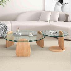 Nesting Glass Coffee Tables Set Modern Round Accent Cocktail Table with Wood Base Minimalist Tea Table Circle Coffee Table for Living Room Decor Clear Glass Top Pack of 2 (35 + 50.8 cm)