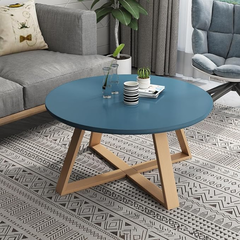 Modern Minimalist Nesting Coffee Tables Set of 2 Round Small End Tables for Living Room Bedroom Balcony Sturdy and Easy Assembly Blue 60 x 60 x 40 cm