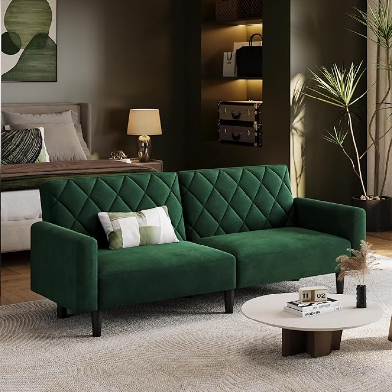 Yaheetech 2-Seater Sofa, 159 cm Upholstered Sofa Made of Velvet Fabric, Small Sofa Couch, 140.5 x 94 cm Lying Surface, Double Sofa for Living Room/Bedroom, Green