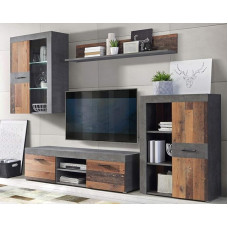 Forte Grigor Wall Unit with 4 Doors, Composite Wood, Old Wood Wintage with Concrete Look, Dark Grey, W x H x D: 290 x 192.3 x 41 cm