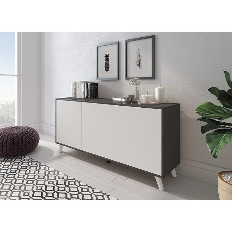 Dmora Weddell Living Room Buffet, Sideboard, Kitchen Cabinet, 154 x 40 x 72 cm, Anthracite, Antacite/White