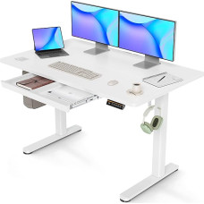 Claiks Height-Adjustable Desk 120 x 60 cm with Drawer, 80 kg Load Capacity, Electric Desk, Height Adjustable with 3-Function Memory and 2 Headphone Hooks, Standing Desk with Drawer, White