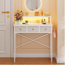 Small Dressing Table for Girls with LED Light and 3 Fabric Drawers, No Mirror, Dressing Table with Faux Leather Fronts, Gold Handles, Storage Shelf, Side Hooks, Compact White Desk for Girls