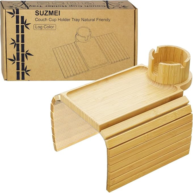 Couch Cup Holder Tray, 3-in-1 Couch Arm Table, Large Bamboo Sofa Armrest Table with 360° Cup Holder, Removable Non-Slip Organiser for Snack Drinks Dining Table