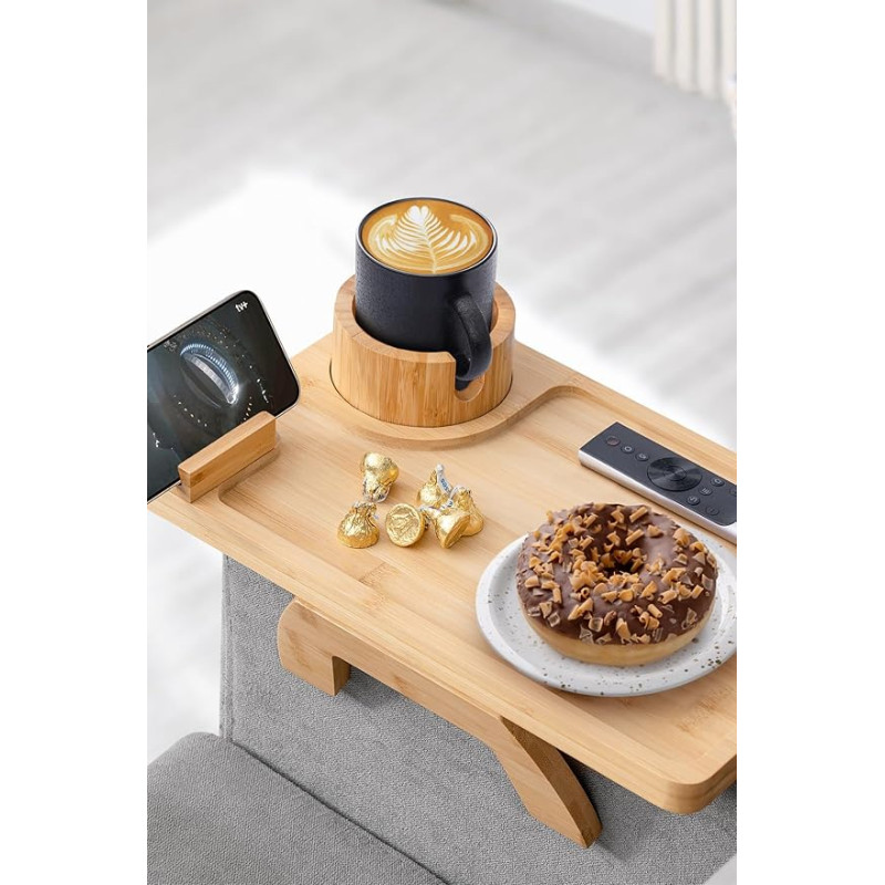 ROCDEER Sofa Armrest Tray, Large Bamboo Couch Holder with Drink Holder, Portable Sofa Tray for Snacks, Drinks and Remote Controls, Non-Slip and Spill Proof