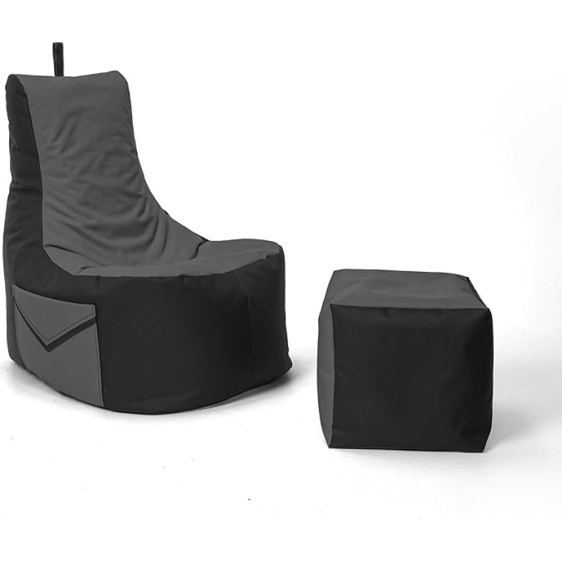 Nadimaideal Gaming Bean Bag XXL with Stool for Children, Teenagers and Adults, Indoor and Outdoor, Floor Cushion, Armchair, Bean Bag Already Filled, EPS Beads Filling (Anthracite, Two-Tone)