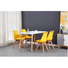 GrandCA HOME Rectangular Dining Table with 4 Chairs Suitable for Dining Room, Kitchen, Living Room, White Dining Table and Yellow Chairs