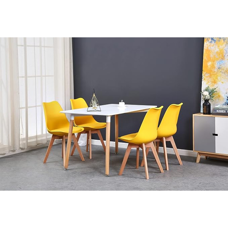 GrandCA HOME Rectangular Dining Table with 4 Chairs Suitable for Dining Room, Kitchen, Living Room, White Dining Table and Yellow Chairs