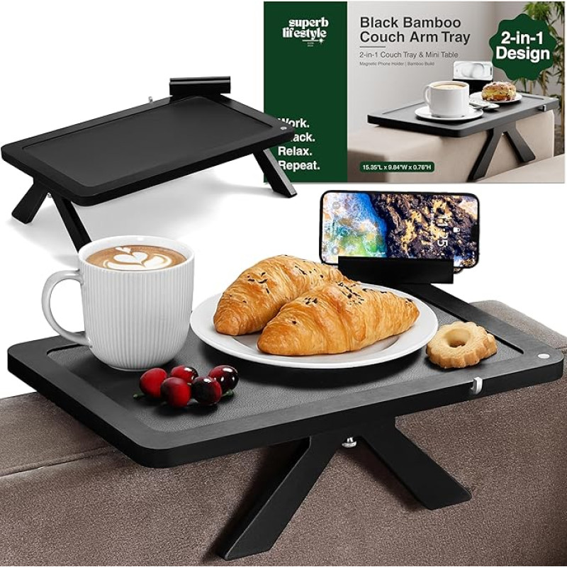 Couchtisch/Armlehnentisch aus schwarzem Bambus, 2-in-1-Sofa-Armlehnen/Mini-Tisch (38,9 x 24,9 x 10,2 cm), verstellbare Beine (bis zu 22,4 cm), drehbarer Telefonhalter, Drahthalter, rutschfeste Matte