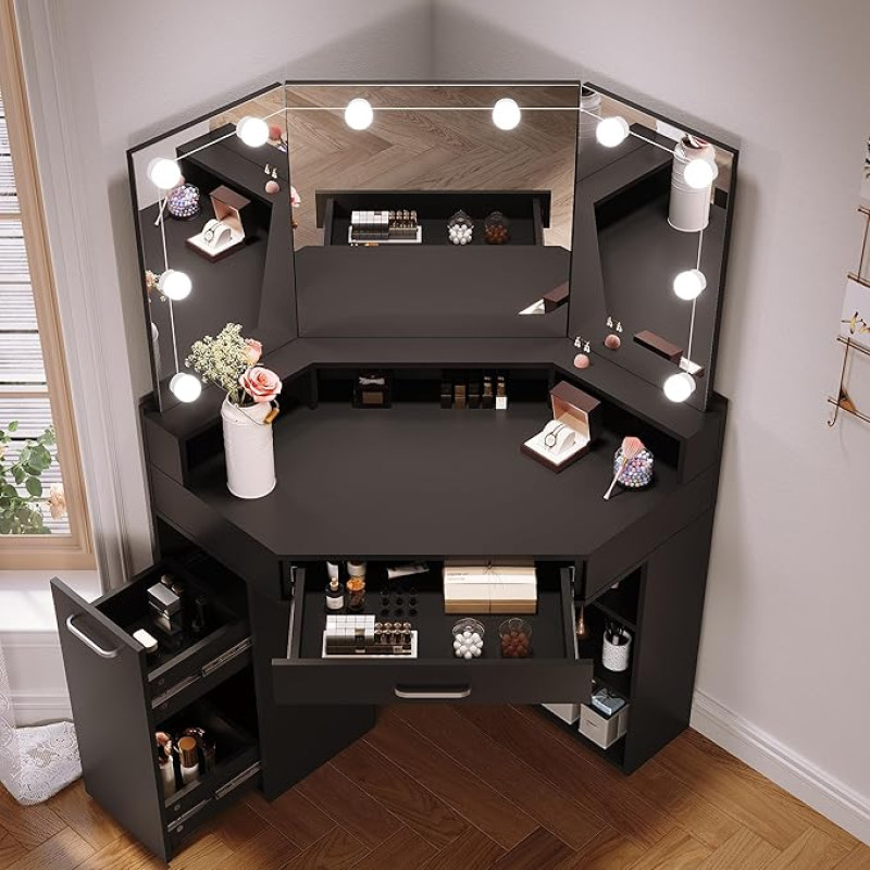 SONNI Large Dressing Table 110 cm with 3-Colour LED Mirror, Cosmetic Table with Triple Mirror, Large Drawer, Pull-Out Cabinet & Shelves, Dressing Table for Bedroom, 110 x 54 x 141.5 cm, Black