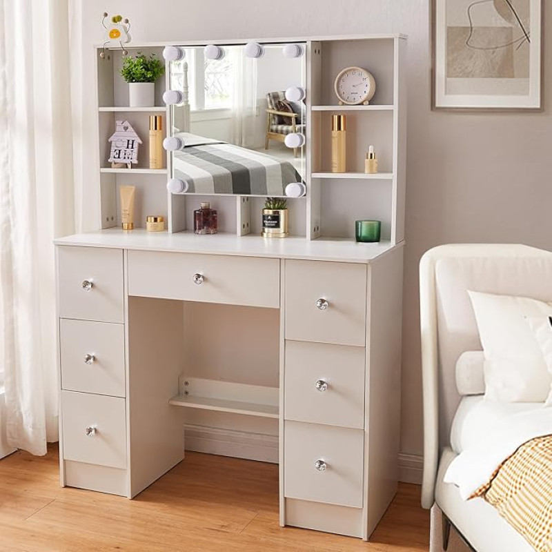 Teousev J4719 Dressing Table with Lighting and Mirror, Adjustable Brightness, Dressing Table with Stool, Cosmetic Table with 7 Drawers and 6 Shelves, 100 x 40 x 140 cm, White