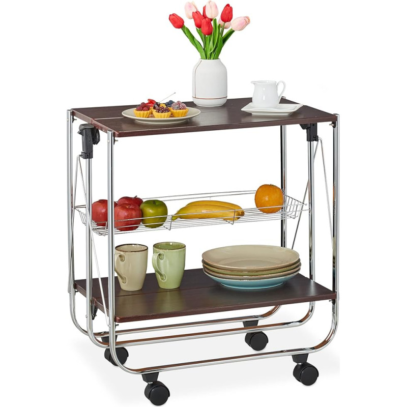 Relaxdays Folding Serving Trolley, 4 Wheels, 2 Shelves, with Mesh Basket, H x W x D: 70 x 68 x 40 cm, Kitchen Trolley, Brown/Silver
