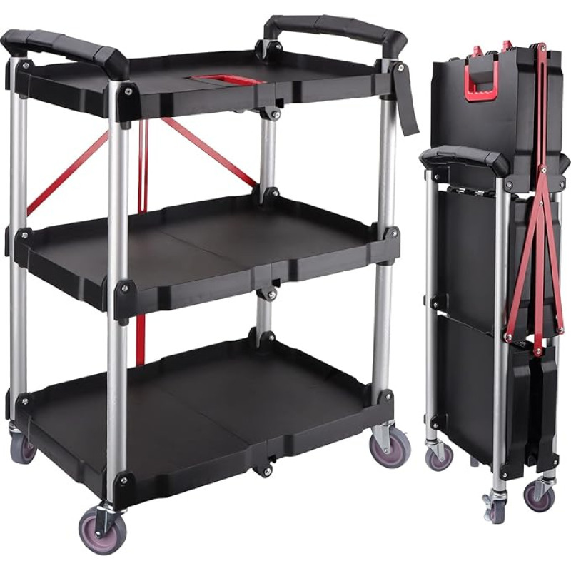 EBANKU Folding Trolley with 3 Levels, Serving Trolley with Wheels, Mobile Tool Trolley, Multi-Purpose Trolley with Handrails, Workshop Trolley, Service Trolley, for Workshop, Office, Home
