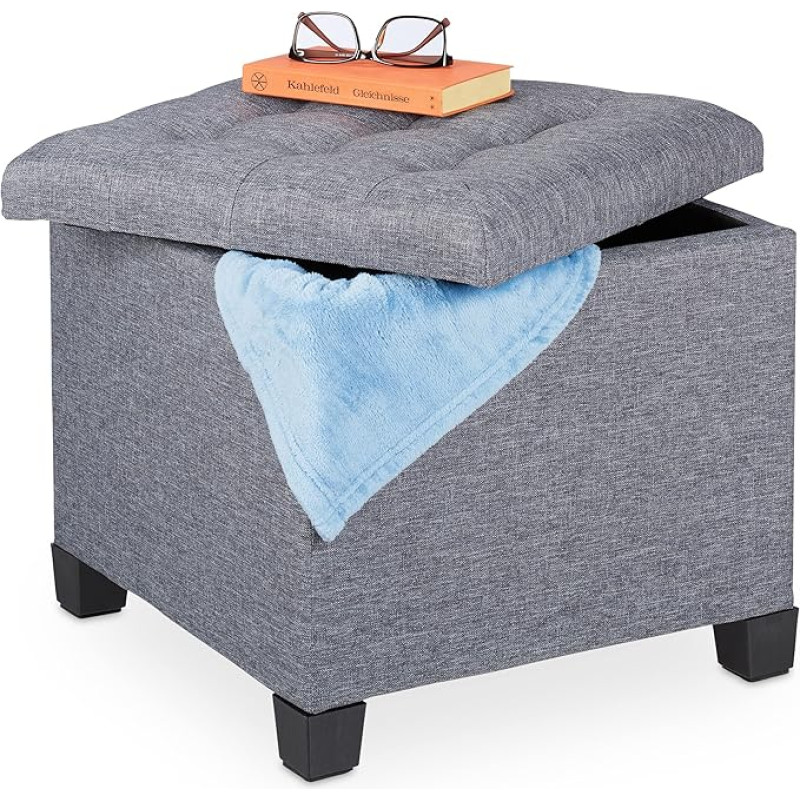 Relaxdays Stool with Storage Space, H 42 x W 45 x D 45 cm, Quilted, Fabric Cover, Foam Padding, Footstool, Grey
