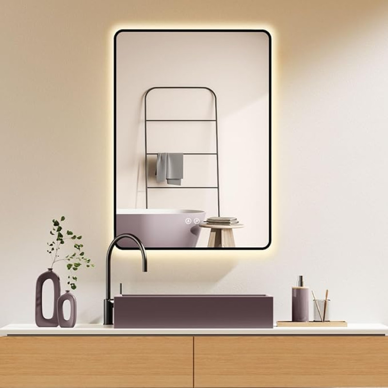 HOKO California Anti-fog LED Bathroom Mirror 50 x 70 cm / 70 x 50 cm with Black Metal Frame High + Landscape Mounting Mirror Touch Switch + Light Change 2700-6500 K Warm White Cool White Neutral
