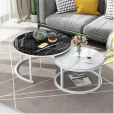 Modern White Metal Frame Coffee Table Set Elegant Marble Effect Glass Top Nesting Tables for Home, Office or Living Room 70cm Black + 50cm White Ideal for Stylish Lounge Decoration
