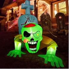 CAMULAND 5.7 Feet (173.7 cm) Inflatable Halloween Decorations, Halloween Inflatable Green Zombie with Tombstone, Built-in LED Lights, Inflatable LED Lights, Inflatable Yard Decoration