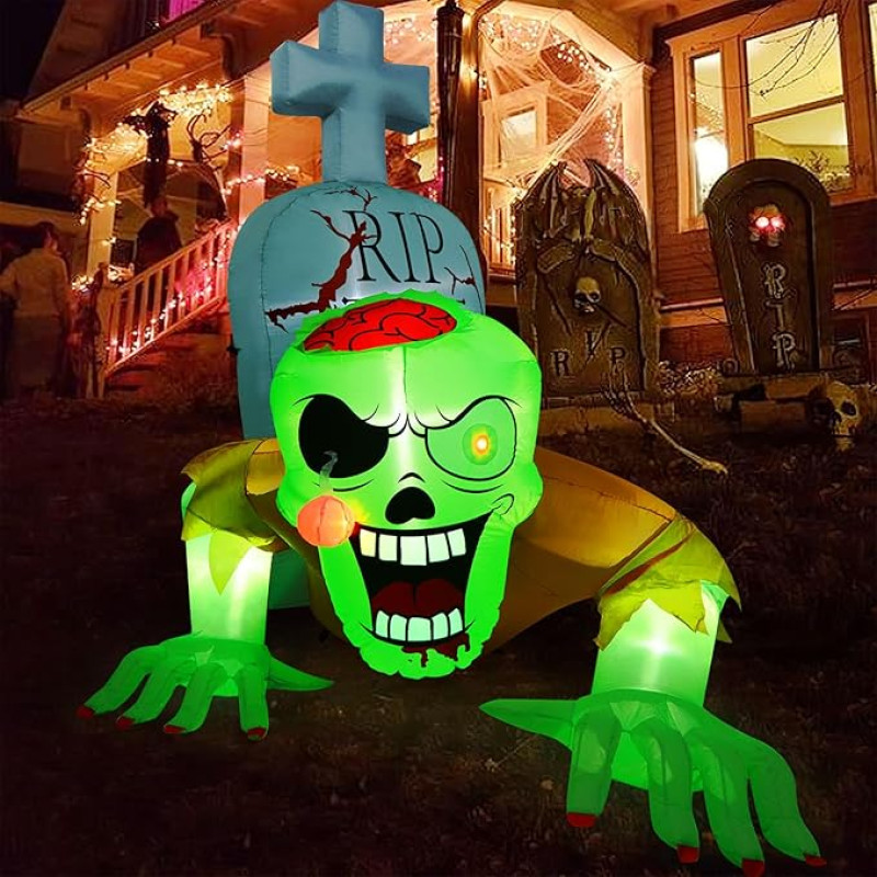 CAMULAND 5.7 Feet (173.7 cm) Inflatable Halloween Decorations, Halloween Inflatable Green Zombie with Tombstone, Built-in LED Lights, Inflatable LED Lights, Inflatable Yard Decoration