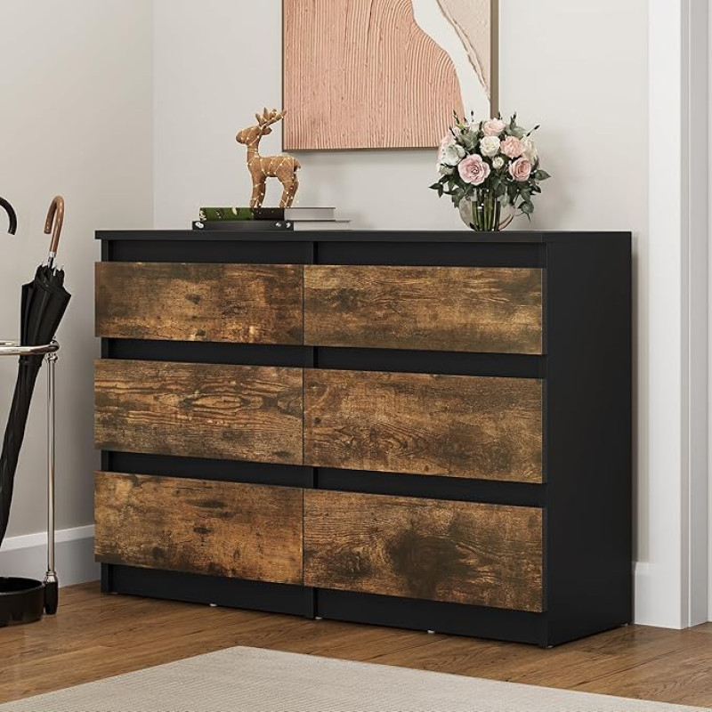 YITAHOME Chest of Drawers Bedroom Furniture Wooden Chest of Drawers 6 Drawers with Runners Bedroom Storage Modern Bedroom Cabinet 100 x 30 x 70 cm (Black Rustic Brown)