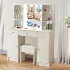Ereousa HZ661223 Dressing Table with Mirror and Stool, Dressing Table with 3 Drawers and 4 Shelves, Makeup Desk with Adjustable LED Lights, Makeup Table for Bedroom, 100 x 40 x 140 cm