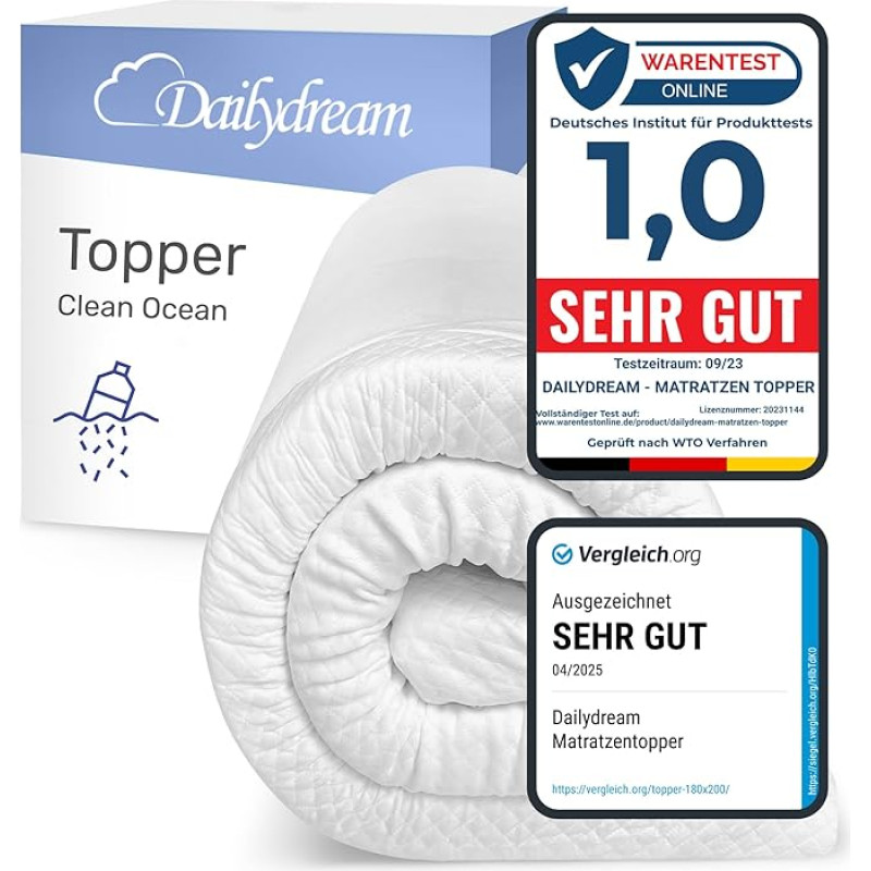 Dailydream Mattress Topper 140 x 190 cm Memory Foam 5 cm High Edition Clean Ocean Model M Certified & Ergonomic for Uncomfortable Mattress, Box Spring Bed & Guest Bed Mattress Topper 140 x 190 cm