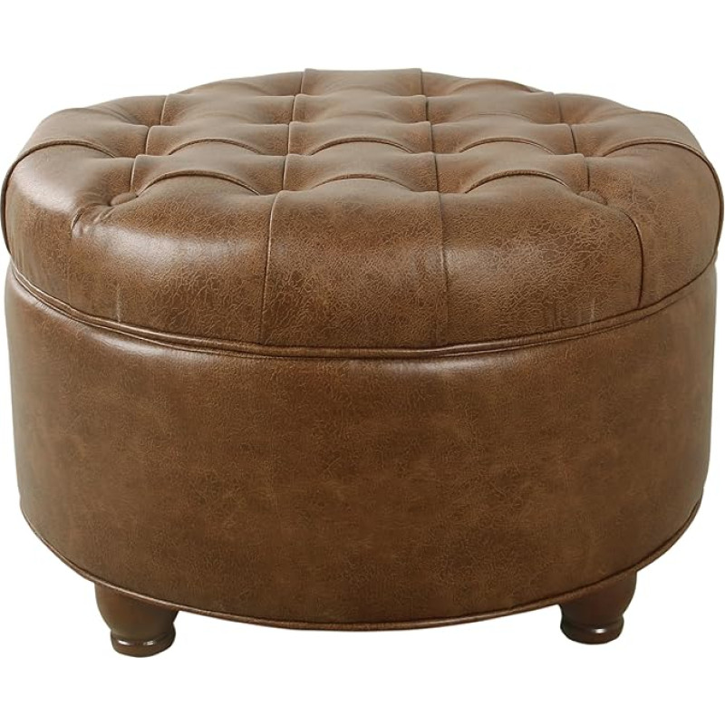 Homepop Home Decor Large Button Tufted Faux Leather Round Storage Ottoman with Storage Space for Living Room & Bedroom (Brown)