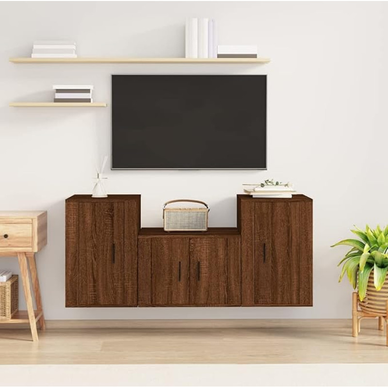 Homgoday TV Furniture Set 3 Pieces Oak Brown Multilayer Wood TV Cabinet Living Room TV Cabinet Coffee Table Living Room Table TV Stand for Living Room