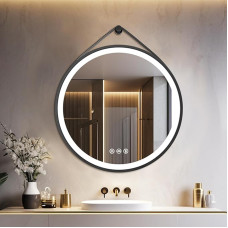 LUVODI Bathroom Mirror with Lighting, Round, 60 cm, Bathroom Mirror with Black Frame, Anti-Fog, 3 Light Colours, Dimmable, Memory Function, Touch, Energy Saving Wall Mirror IP67