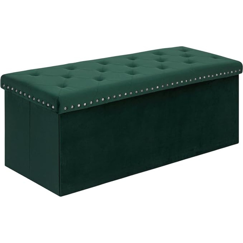 Bonlife Bench with Storage Space, Stool Chests, Folding Bench, Stool with Lid, Storage Box, Bedroom, Hallway, Green, Velvet, 110 x 40 x 40 cm