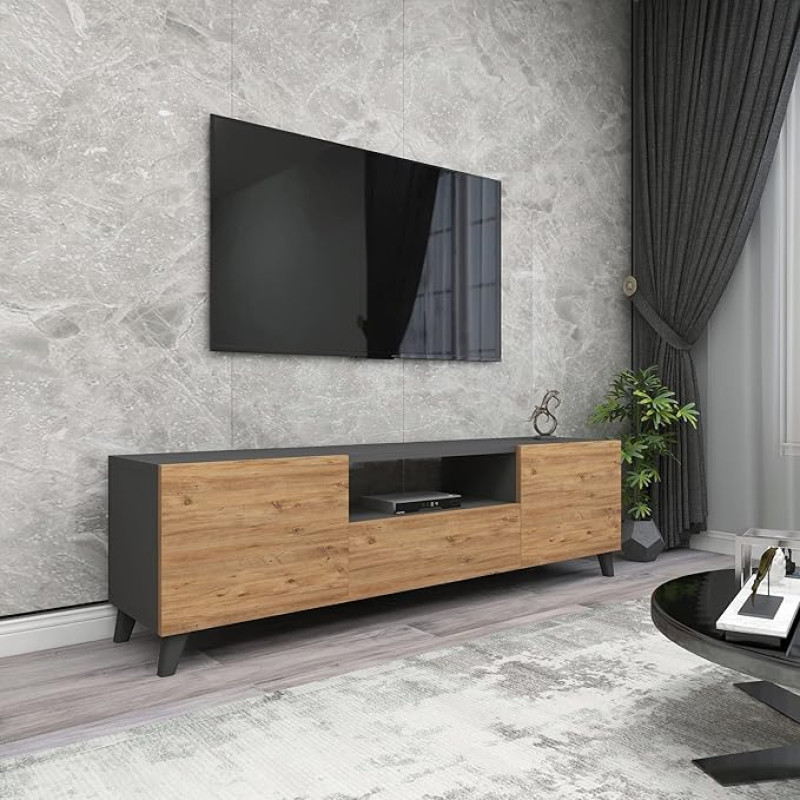 [en.casa] Torsby TV Cabinet with 3 Doors, TV Lowboard, TV Bench, 140 x 30 x 46 cm, TV Shelf for Living Room, Anthracite/Oak Look