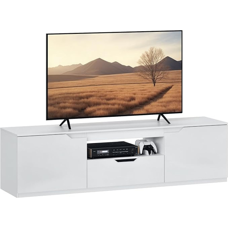 HOMCOM TV Cabinet Lowboard with 2 Doors, Drawer, 160 cm Long TV Stand for TVs up to 65 Inches, TV Board with Cable Management for Living Room, White