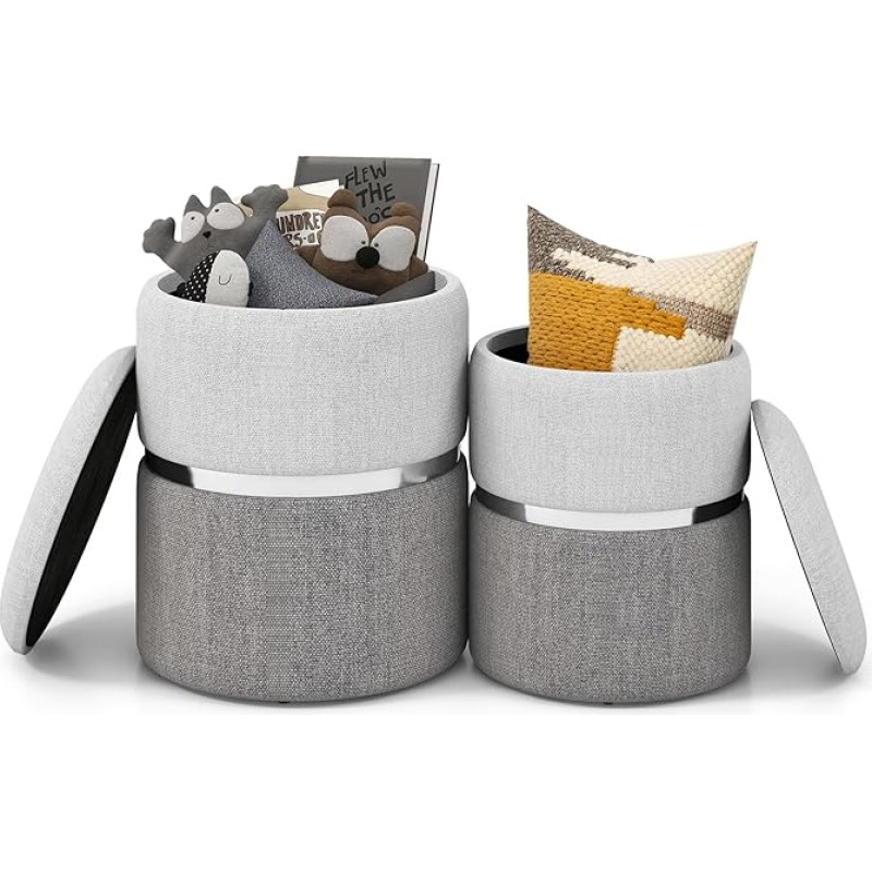 COSTWAY Set of 2 Velvet Ottomans with 32 L + 21 L Storage Space, Pouf Stool, Round Couch Side Stool, Footstool for Living Room & Bedroom, Dressing Table (Grey)