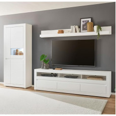 Lomadox Living Room Set in Matt White Modern with LED Lighting and Interchangeable Handle Strip Display Cabinet Lowboard Wall Shelf with Soft Close 3 Pieces
