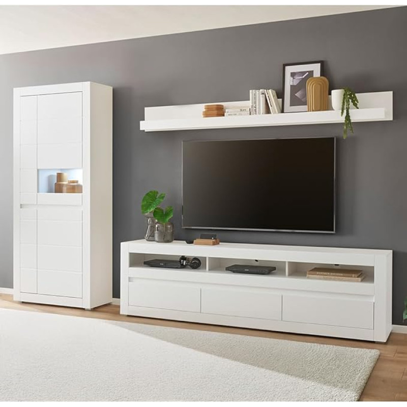 Lomadox Living Room Set in Matt White Modern with LED Lighting and Interchangeable Handle Strip Display Cabinet Lowboard Wall Shelf with Soft Close 3 Pieces