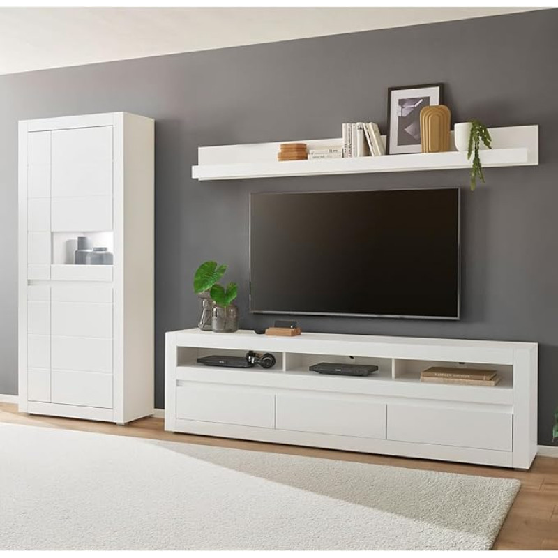 Lomadox Living Room Set in White Matt Modern Interchangeable Handle with 217 cm Lowboard Wall Shelf Display Cabinet with Soft Close Function 3-Piece