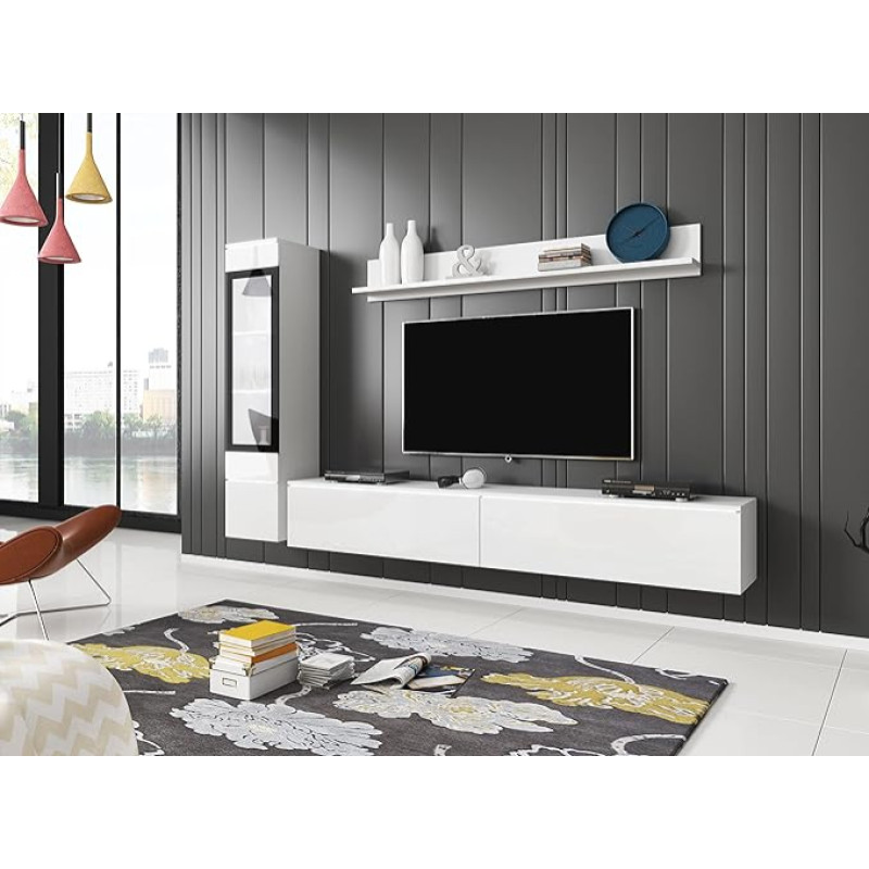 Modern White Gloss Wall Unit Set for Living Room, 3-Piece Furniture Set with Hanging or Standing Options Including Cabinet, Lowboard and Wall Shelf, Stylish Entertainment Centre by