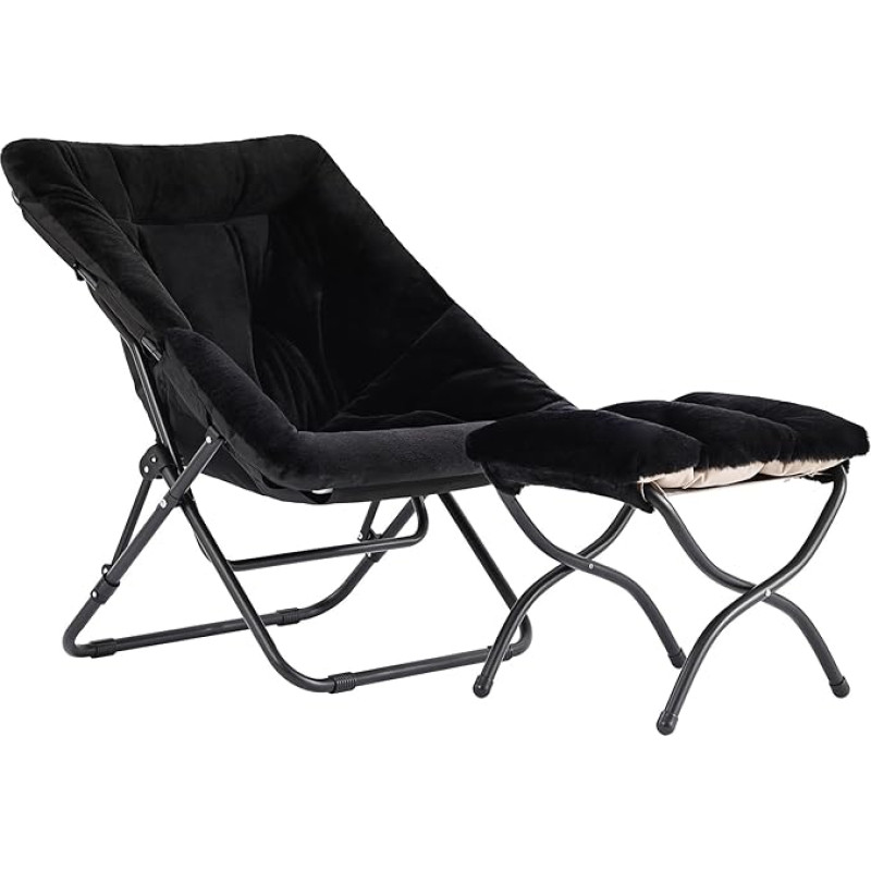 YOTATING Saucer Chair with Ottoman Comfortable Faux Fur Chair Oversized Folding Soft Furry Lounge Metal Frame Moon Chair Accent Chair for Bedroom Living Room Dorm Black