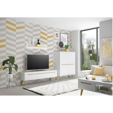 Lomadox Living Room Set in Matt White with Oak 4-Piece Including Coffee Table, TV Lowboard, Wall Board, Highboard