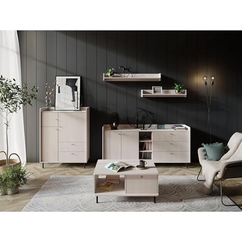 Lomadox Living Room Set in Sand Beige Fine Structure with Sideboard Wall Boards Coffee Table Highboard Gold-Coloured Handles Modern