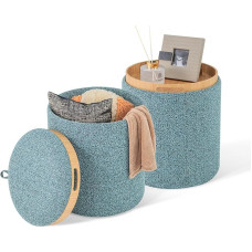 RELAX4LIFE Set of 2 Round Stools with Storage Space, Folding Lid, Side Handles & Padded Seat, Fabric Ottoman, Footstool & Side Table for Living Room, Bedroom, Sky Blue